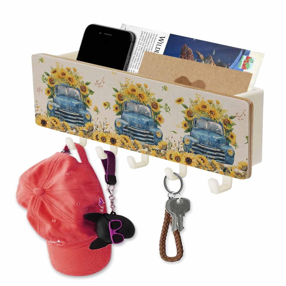 Retro Blue White Truck Key Holder Wall Mount,White Hanging Mail Organizer with 5 Key Hooks Wall Decorative,Sunflower Floral Rustic Leaves Adhesive Key Rack with Shelf for Hallway Kitchen Entryway
