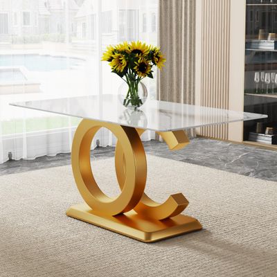 63'' Glass Dining Table, Modern Kitchen Table, Marble Dining Room Table with 0.4" Tempered Glass Tabletop, Gold MDF OC-Shaped Leg and Base, for Kitchen, Dining Room.