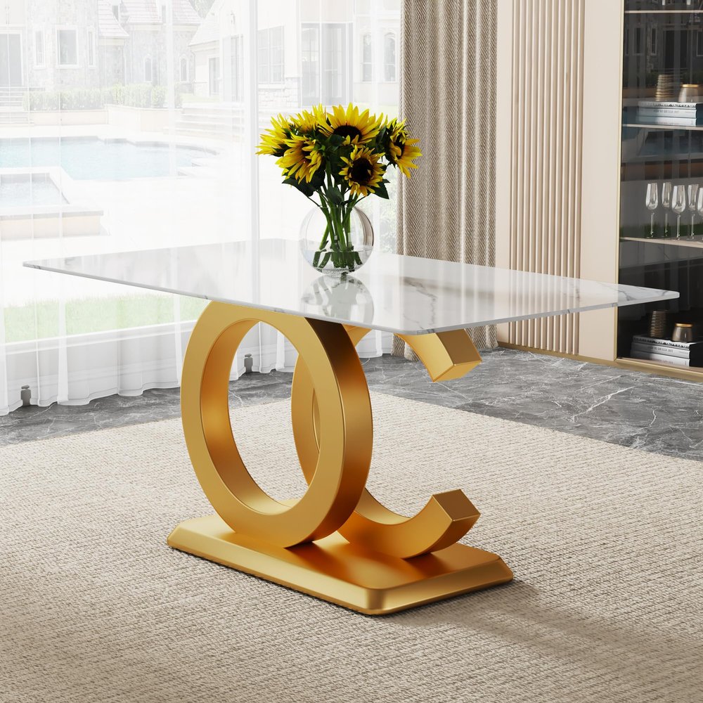 63'' Glass Dining Table, Modern Kitchen Table, Marble Dining Room Table with 0.4" Tempered Glass Tabletop, Gold MDF OC-Shaped Leg and Base, for Kitchen, Dining Room.