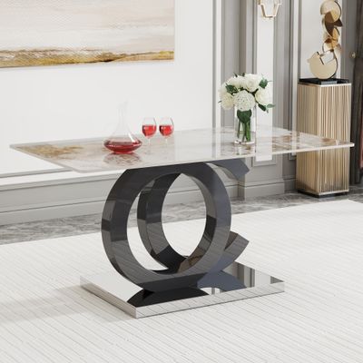 63'' Glass Dining Table, Modern Kitchen Table, Marble Dining Room Table with 0.4" Tempered Glass Tabletop, Black MDF OC-Shaped Leg and Metal Base, for Kitchen, Dining Room.