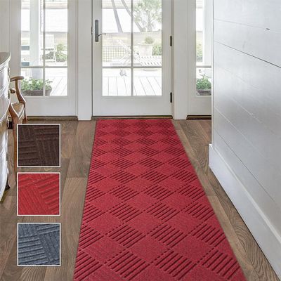 Custom Size Solid Plain Rubber Backed Non-Slip Hallway Stair Runner Rug Carpet, Heavy Duty Durable Large Front Door Mats Indoor Entrance Mat, 6FTX76FT, Red