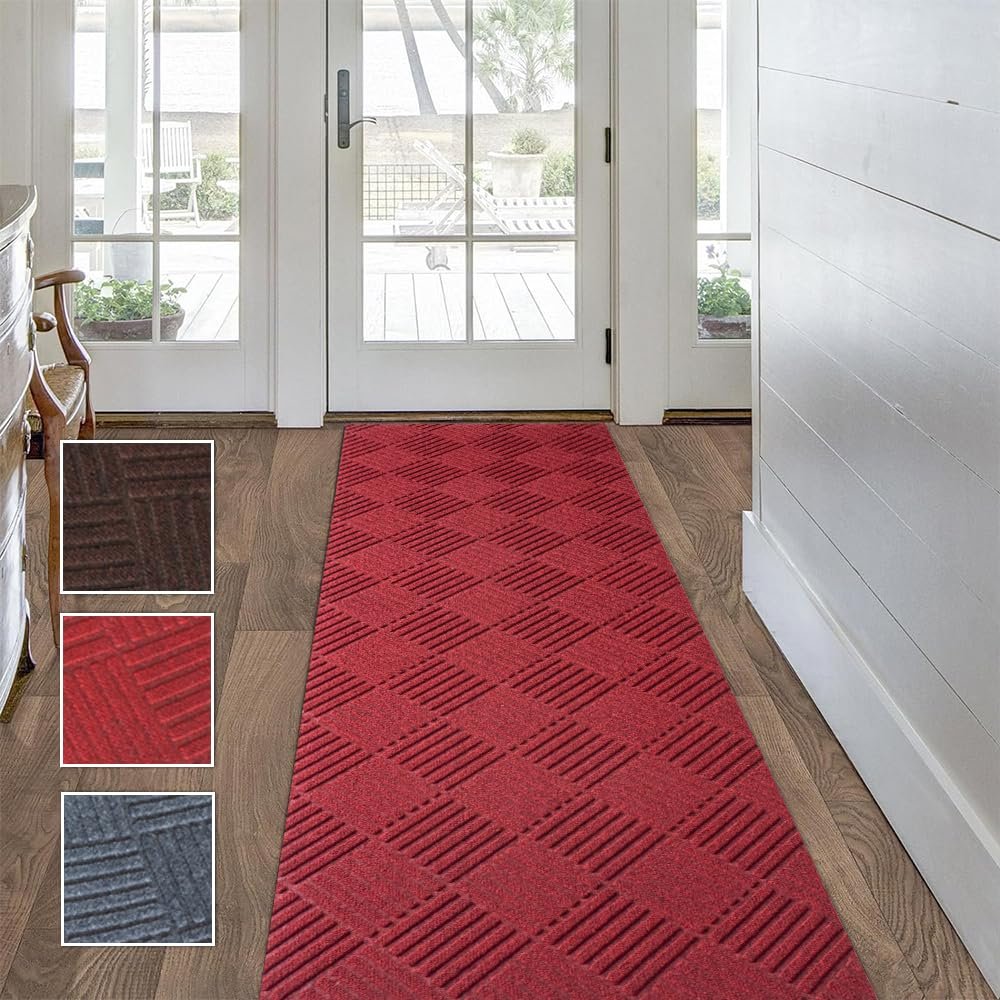 Custom Size Solid Plain Rubber Backed Non-Slip Hallway Stair Runner Rug Carpet, Heavy Duty Durable Large Front Door Mats Indoor Entrance Mat, 6FTX76FT, Red