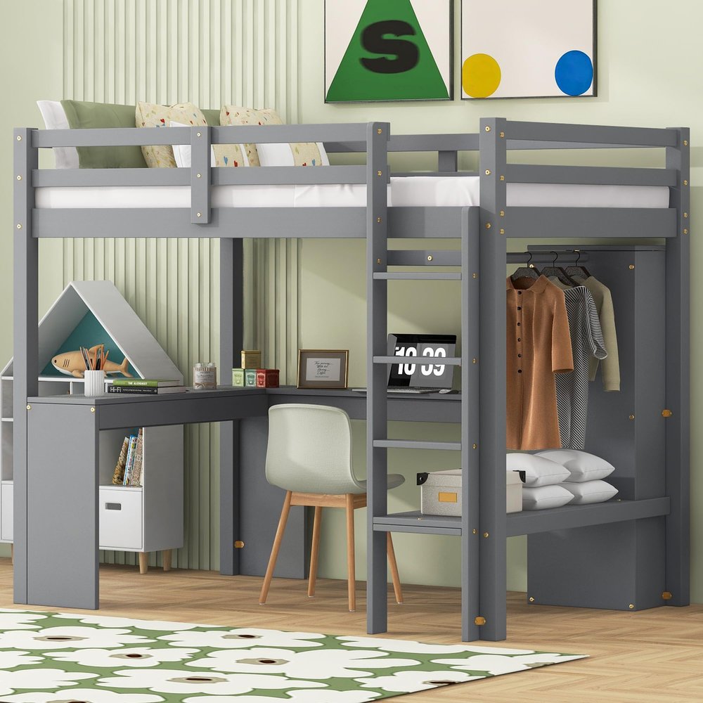 Twin Size Loft Bed with Desk & Wardrobe, Solid Wood Loft Bed with L-Shaped Desk and Storage Shelves, High Loft Bed Frame with Open Closet for Kids Juniors Adults (Grey, Twin)