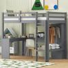 Twin Size Loft Bed with Desk & Wardrobe, Solid Wood Loft Bed with L-Shaped Desk and Storage Shelves, High Loft Bed Frame with Open Closet for Kids Juniors Adults (Grey, Twin) view 1