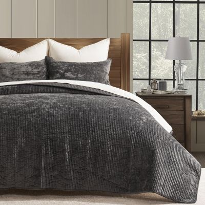 EVERGRACE Velvet Quilt Set Queen Size, Luxurious Soft Quilted Bedding Sets, Lightweight Velvet Comforter for All Season, Striped Channel Bedspread Coverlet with 2 Shams, Washed Black