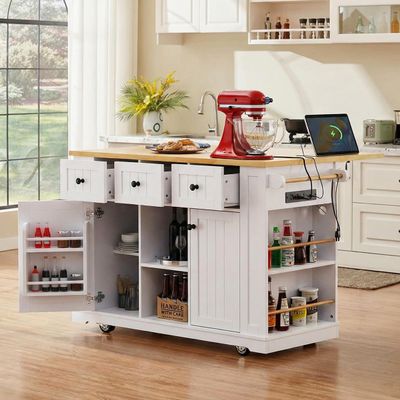 Kennkari Rolling Kitchen Island on Wheels with Drop Leaf, Wide Moblie Kitchen Island with Storage Cabinets and Power Outlet, Large Island Table with Towel Rack and Spice Rack