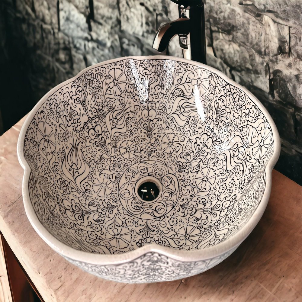 Bathroom Floral Vessel Round Sink Basin, Flower Shaped Countertop Basin, Bowl Sink Lavatory, Kitchen Remodeling, Vanity Glossy Wash Stand