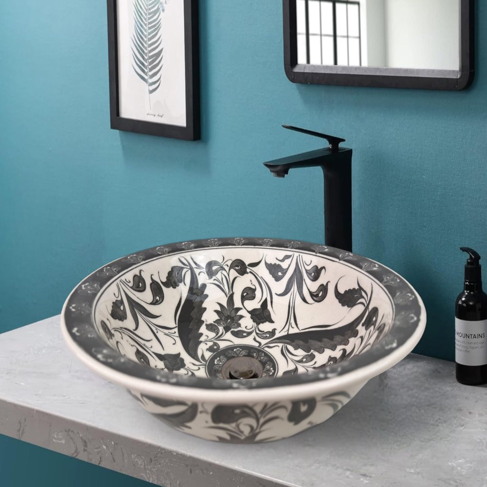 Black Leaf Bathroom Vessel Art Sink, Countertop Washbasin, Artistic Guest Bath Sink, Powder Room Basin, Half Bath Sink, Bathroom Remodeling