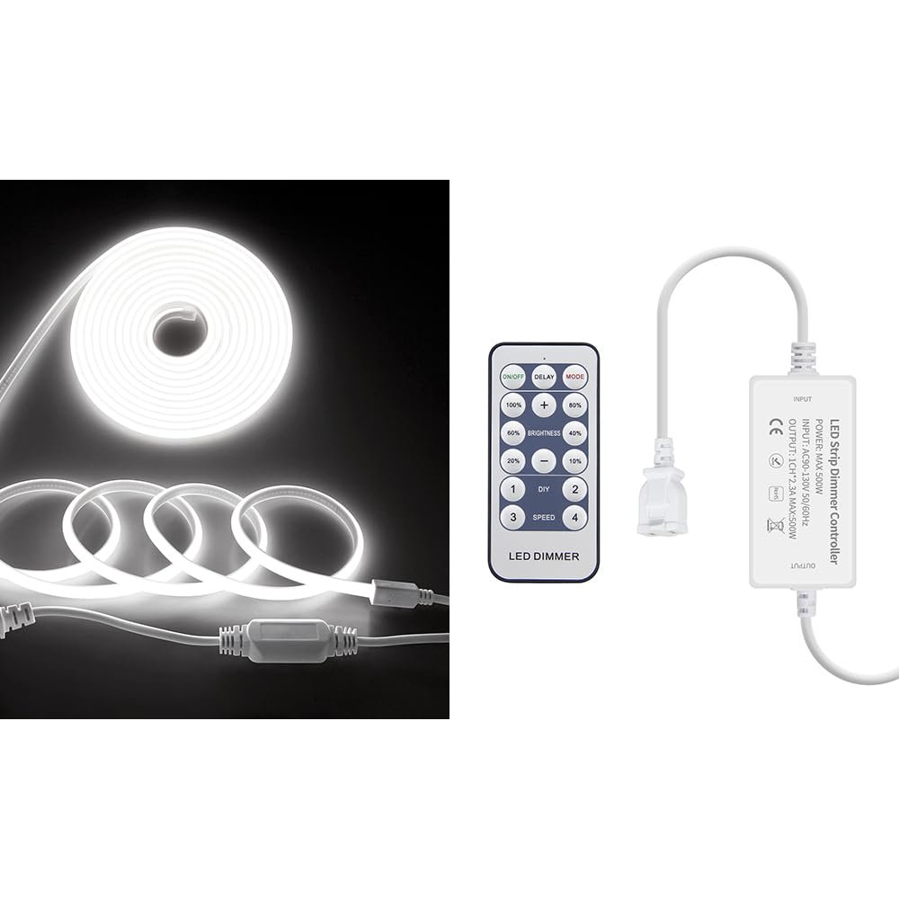 Samsion AC 110V~120V COB Led Strip Lights 6M Daylight White Led Rope Lights+Dimmer Controller for Single Color AC 110V-130VCOB LED Rope Lights