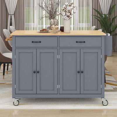Kennkari Rolling Kitchen Island on Wheels with 2 Storage Cabinets and 2 Drawers, Island Table for Kitchen with Towel Rack and Spice Rack, Mobile Kitchen Cart (Type B. Grey Blue)