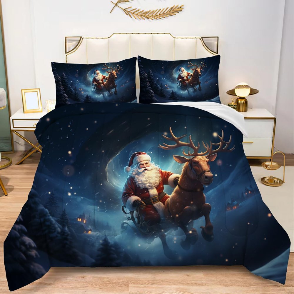 Albideyaa Santa Claus Rides Reindeer Pattern Christmas Comforter Set for Full Size Bed Blue Galaxy Starry Sky Bedding Duvet Set for Kids Adult Fashion Soft New Year Decor Quilt Set with 2Pillowcases