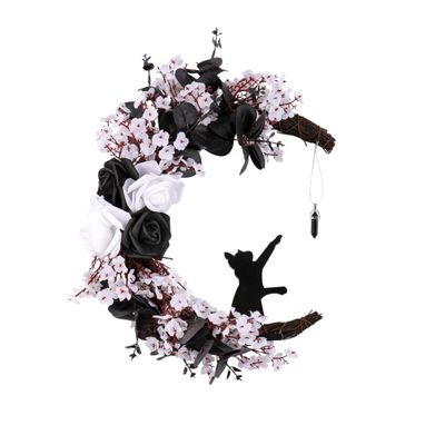 2024 New Moon Wreath and Black Cat Wreath,Halloween Noon Cat Wreaths for Front Door,Living Room Decorating (White)