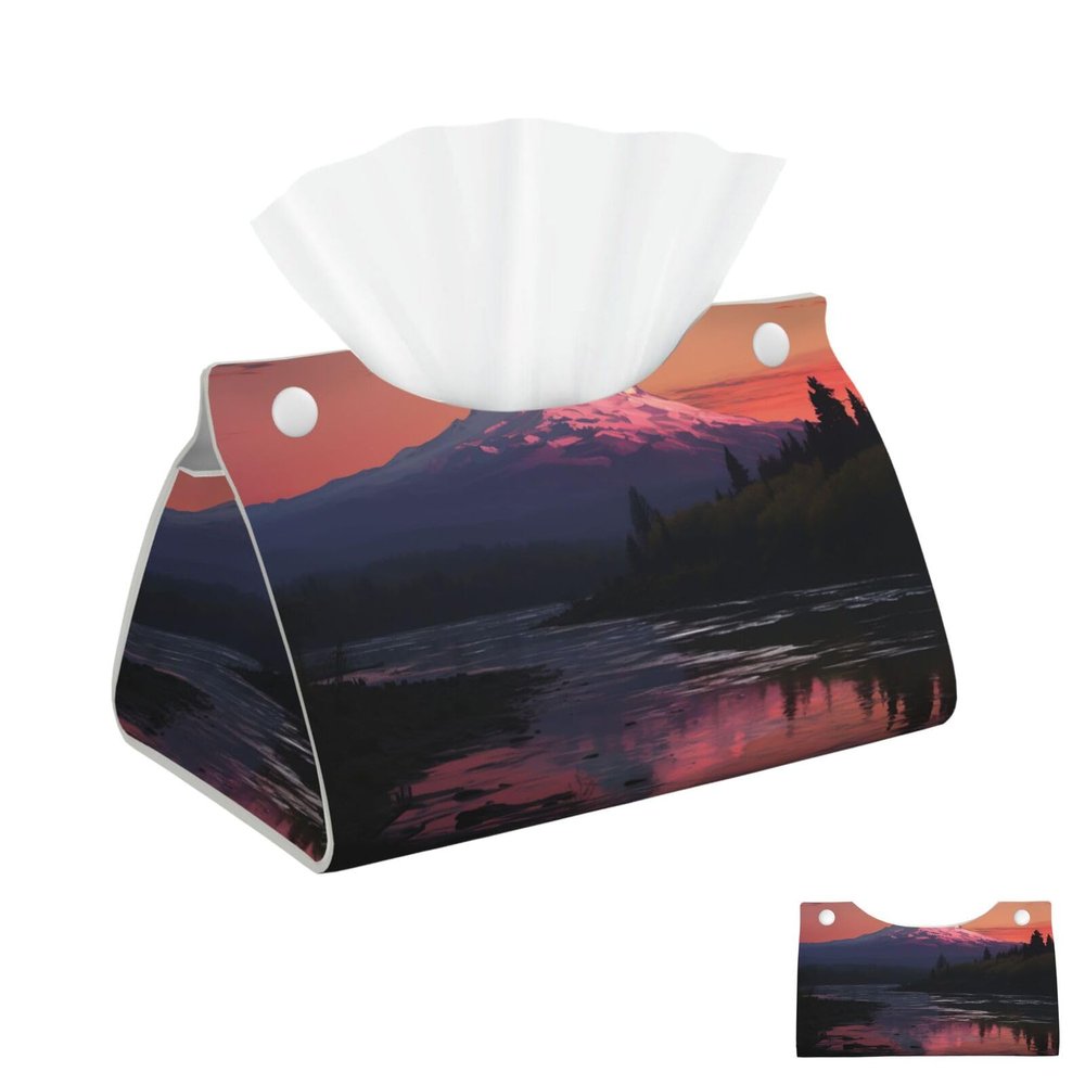 Tissue Box Cover PU Leather Rectangular Tissue Box Sunset Mountains Lake Tissue Holder Napkin Dispenser Decorative Tissue Box Holder Paper Holder for Bathroom Office 7.9" L x 4.9" W x 4.5" H