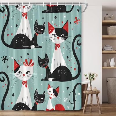 BCNEW Abstract Cat Shower Curtain Cute Kitten Vintage Animal for Cat Lovers Family Pet Boho Mid Century Teal Black Polyester Fabric Bathroom Decor 7070 Inch with Hook