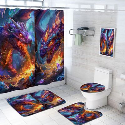 Purple Dragon Bathroom Shower Curtain Set with Rugs,Toilet Lid Cover, Bath Mat, Medieval Fantasy Animals Bathroom Shower Curtain with 12 Hooks Accessories Decorative