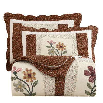 vctops 2 Piece Embroidered Floral Quilted Bedspread Quilt Set 100% Cotton Reversible Patchwork Coverlet Set 1 Quilt and 1 Pillow Sham (Coffee,Twin)
