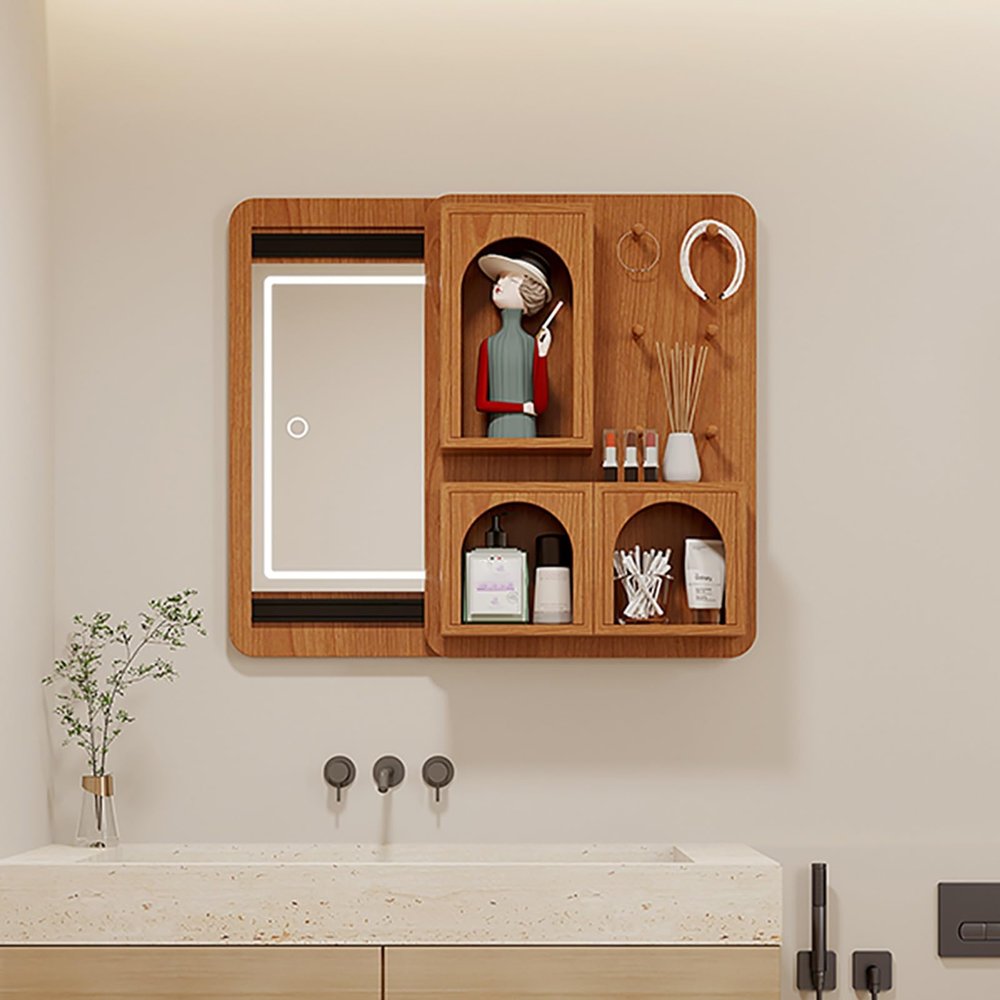 LLYLAFDC Bathroom Medicine Cabinet with Mirror, Bathroom Wood Wall CabinetFrontlit 3 Colors TemperatureWooden Bathroom Medicine Cabinet with Mirror and Lights