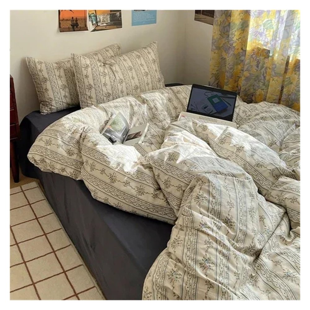 GLAMDIA Four-Piece Set Simple Modern Cotton V-intage Floral Printed Quilt Cover Student Dorm Bedding Three-Piece Set 1.8 Bed Sheet,Bed