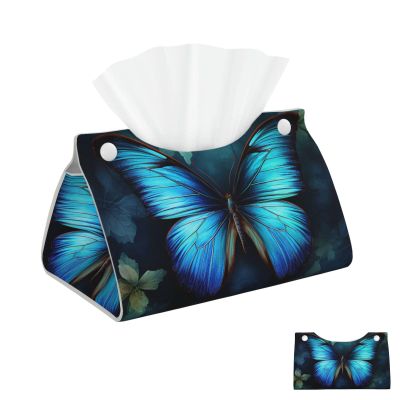 Tissue Box Cover PU Leather Rectangular Tissue Box Blue Butterfly Pattern Tissue Holder Napkin Dispenser Decorative Tissue Box Holder Paper Holder for Bathroom Office 7.9" L x 4.9" W x 4.5" H