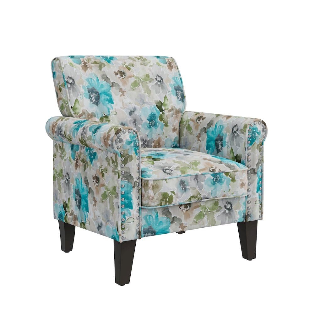 Blue and Gray Floral Accent Chair with Rolled Arms and Nailhead Trim for Living Room
