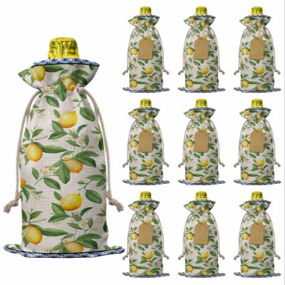 10pcs Linen Burlap Wine Bags with Drawstring Lemon Wine Gift Bag with Tags Reusable Wine Bottle Gift Bags for Christmas Birthday Wine Tasting Party Supplies Watercolor Lemon Floral Leaf Flowers