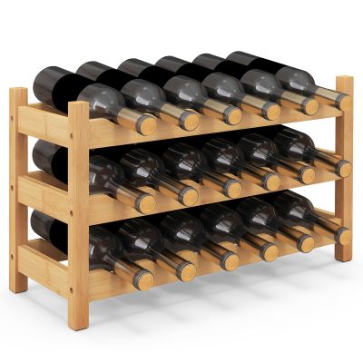 COSTWAY 3-Tier Bamboo Wine Rack, 18-Bottle Tabletop Wine Holder with Wave Slot, Freestanding Countertop Wine Bottle Organizer for Kitchen, Pantry, Pub & Wine Cellar, Natural (24.5L x 9.5W x 15H)