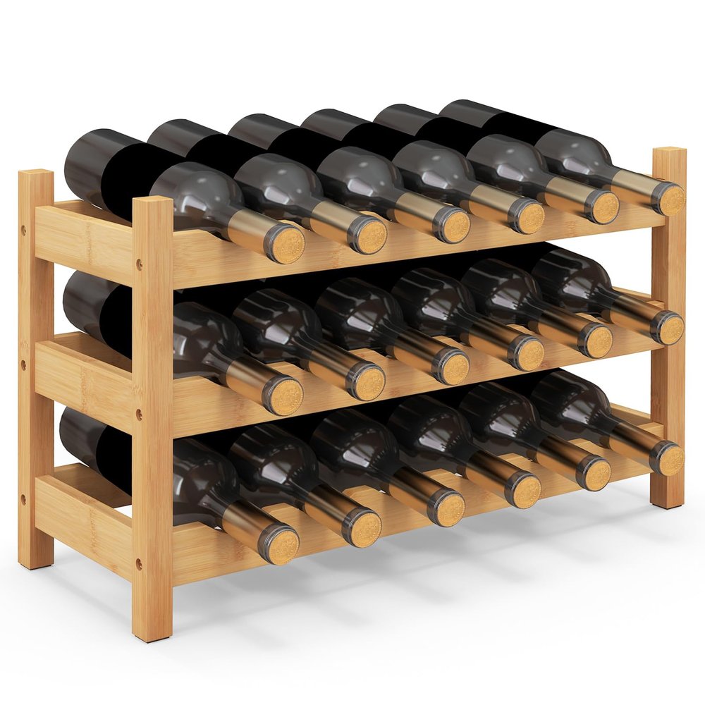 COSTWAY 3-Tier Bamboo Wine Rack, 18-Bottle Tabletop Wine Holder with Wave Slot, Freestanding Countertop Wine Bottle Organizer for Kitchen, Pantry, Pub & Wine Cellar, Natural (24.5L x 9.5W x 15H)