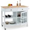 HOMHUM 42" Kitchen Island Cart on Wheels, Rolling Storage Cabinet Station with Solid Wood Top, 2 Drawers, Towel Rack, Open Display Shelf, White view 1