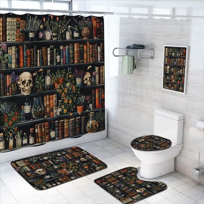Bookshelf Bathroom Shower Curtain Set with Rug, Toilet Lid Cover and Bath Mat, Magical Book Goth Skull Vintage Bathroom Shower Curtain with 12 Hooks Accessories Decorative