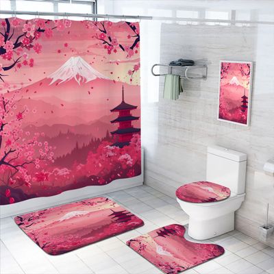 Cherry Blossoms Bathroom Shower Curtain Set with Rugs,Toilet Lid Cover, Bath Mat, Japanese Landscape Mount Fuji Anime Bathroom Shower Curtain with 12 Hooks Accessories Decorative