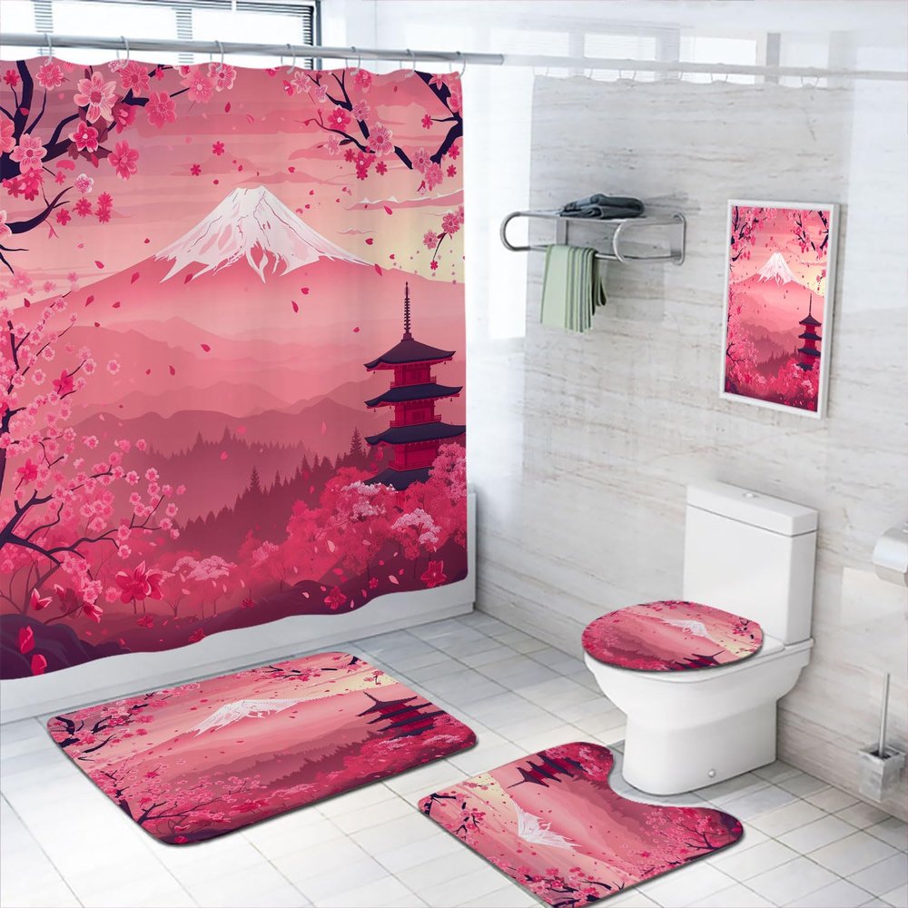 Cherry Blossoms Bathroom Shower Curtain Set with Rugs,Toilet Lid Cover, Bath Mat, Japanese Landscape Mount Fuji Anime Bathroom Shower Curtain with 12 Hooks Accessories Decorative