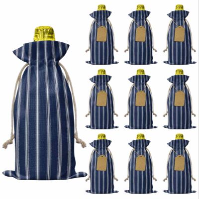 10pcs Linen Burlap Wine Bags with Drawstring Modern Stripes Navy Blue Wine Gift Bag with Tags Reusable Wine Bottle Gift Bags for Christmas Birthday Wine Tasting Party Supplies Artistic Striped Blue