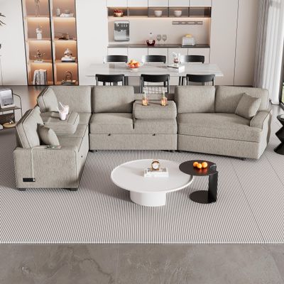 126" Oversized Modular Sectional Sofa, Sectional Sleeper Sofa with Pull Out Bed, Chenille Uphostered Oversized Couch with Drop-down Table, Convertible Sectional Sofa Couch for Living Room (Beige)