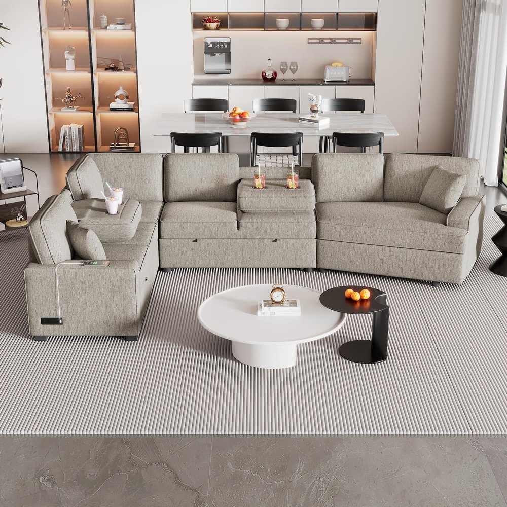 126" Oversized Modular Sectional Sofa, Sectional Sleeper Sofa with Pull Out Bed, Chenille Uphostered Oversized Couch with Drop-down Table, Convertible Sectional Sofa Couch for Living Room (Beige)