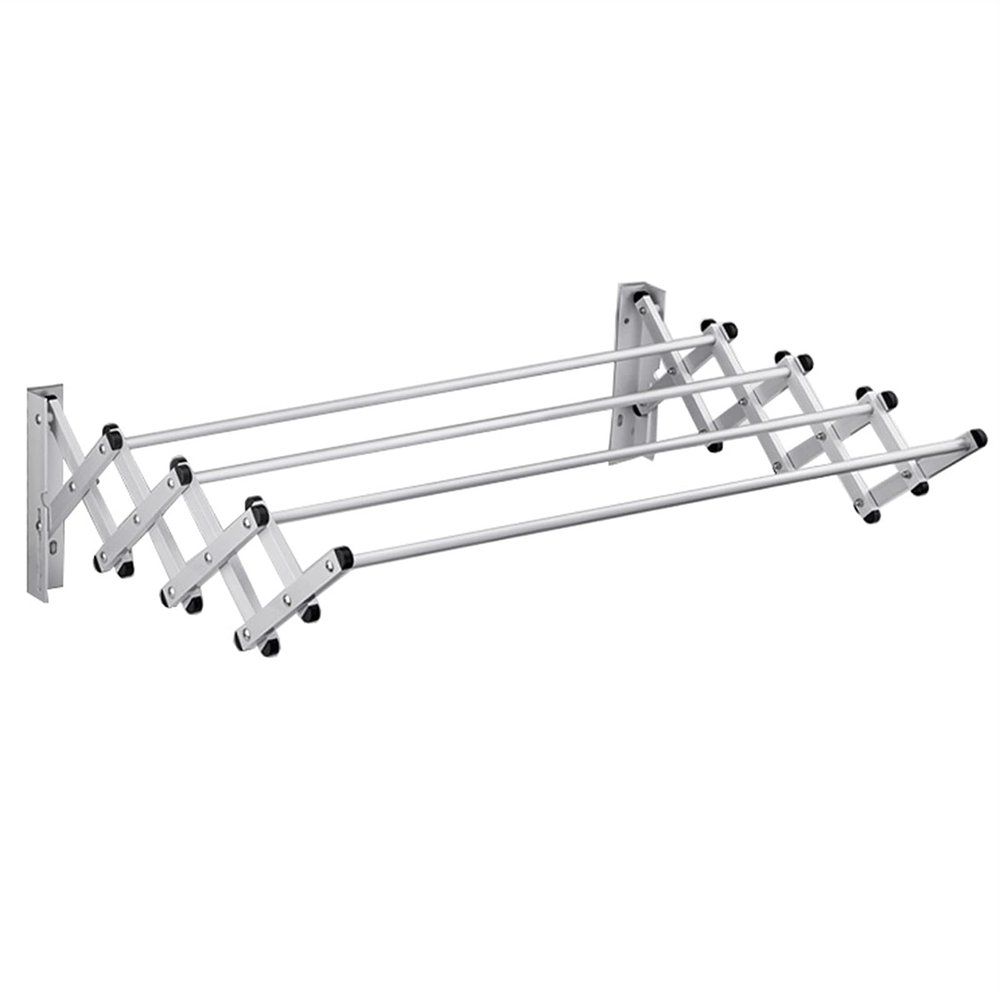 Wall Mounted Space-Saver Clothes Household Easy Storage Drying Rack Folding 4 Drying Rods Washing Cloth Line Airer Bathroom Towel Rail Bar Hooks Retractable Clo