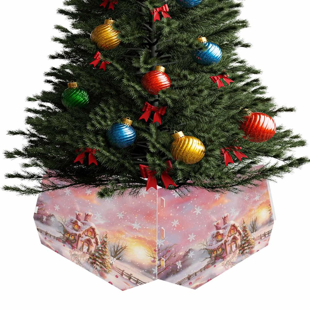 Christmas Tree Collars Holds 15" Diam Tree, Christmas Pink Candy House Snowflake Xmas Tree Pattern Stand Base Christmas Tree Skirt Cover, 4-Piece Artificial Xmas Trees Ring Box for Holiday Decor