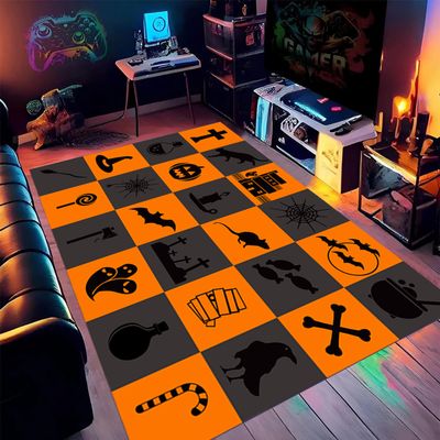 Halloween Area Rug,5x7ft, Bat Spider Web Magic Potion Pattern Orange and Dark Plaid Rug,Non-Slip and Durable Gothic Rugs,for Kids Room Decor for Boys Girls Halloween Atmosphere Decoration