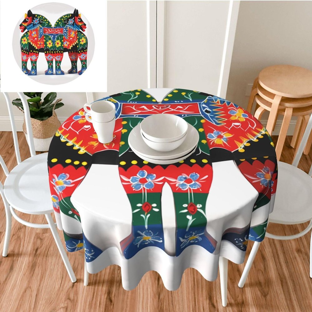 Tablecloth Runner Swedish Dala Horse Folk Round Table Cloth Waterproof Wrinkle Free Tablecloths Washable Dining Table Cloths 60 in Decorative Table Cover for Banquets Party Wedding