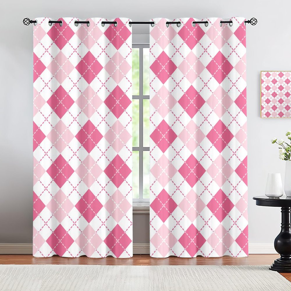 LUZAJUG Pink Gradient Checkered Curtains for Living Room 90 Inch Length 2 Panel Set, Geometric Boho Blackout Curtains for Bedroom, Thermal Curtains for Summer Heat 54 Inch Width