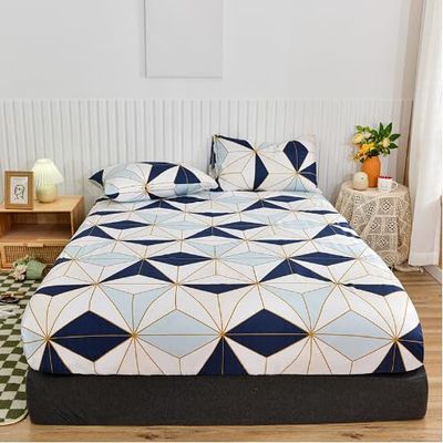 FCLDESHOP Deep Pocket Bottom Sheet,Printed Brushed Fitted Sheet,Boys and Girls Bedroom Cartoon Anime Mattress Protector, Checkered Fitted Sheet,Geometry,Queen 153 * 203 * 30cm (3pcs)