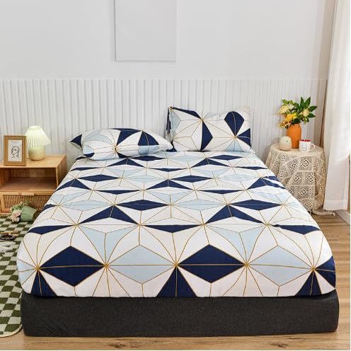 FCLDESHOP Deep Pocket Bottom Sheet,Printed Brushed Fitted Sheet,Boys and Girls Bedroom Cartoon Anime Mattress Protector, Checkered Fitted Sheet,Geometry,Queen 153 * 203 * 30cm (3pcs)