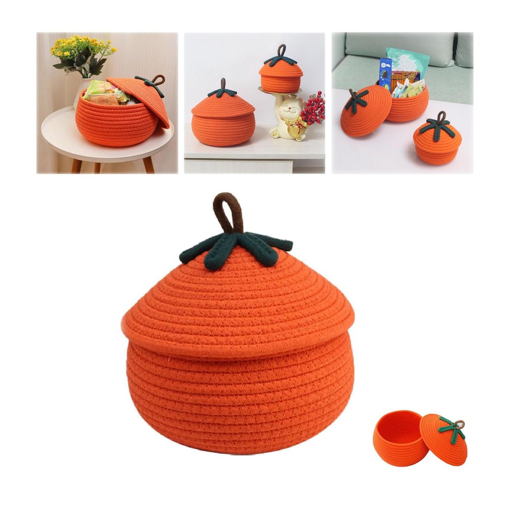 Halloween Pumpkin Basket with Lid, 2024 New Halloween Pumpkin Treat Buckets Gift Basket, Halloween Christmas Decor Woven Baskets, Storage Basket for Organizing Candy Snacks Toys (B-Large)