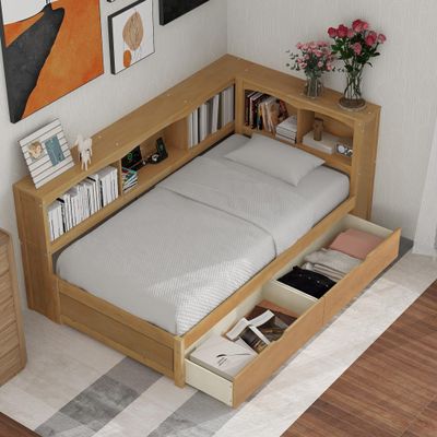 SIYSNKSI Twin Size Daybed with 2 Storage Drawers, Solid Wood Captain Platform Bed with Storage Cabinets and USB Ports, Low Floor Bed for Bedroom Living Room Guest Room (Wood Color-K9)
