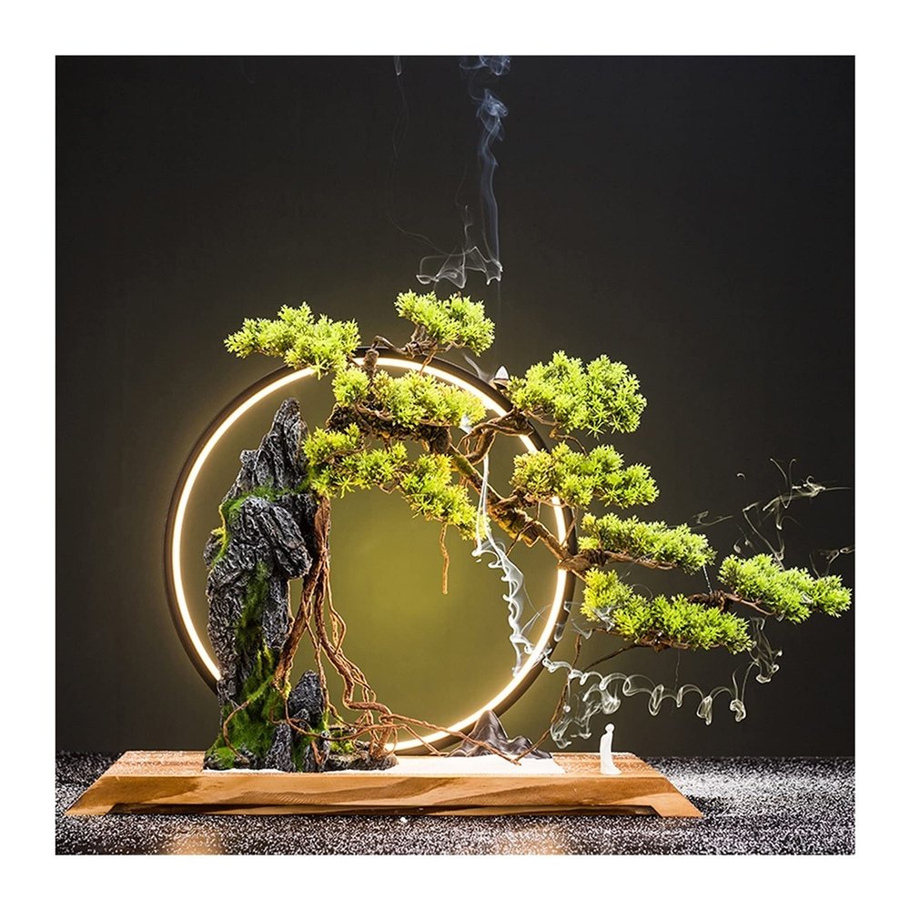 Artificial Plants Artificial Bonsai Tree Desktop Decoration Rockery Plants and LED Lights Realistic Indoor Artificial Green Plants Suitable for Living Room Office Fake Plants Bonsai Tree(B)