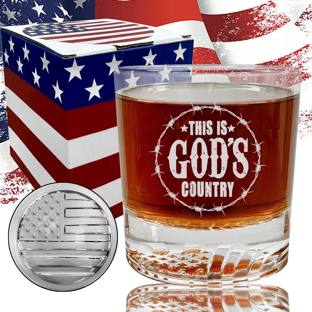 American Flag Whiskey Glasses - Flag Bottom 12oz Bourbon Glass, Whiskey Gifts For Men Dad, Memorial Day Patriotic decorations, Fathers Day, Retirement, Birthday (Glass-Gods Country, Whiskey)