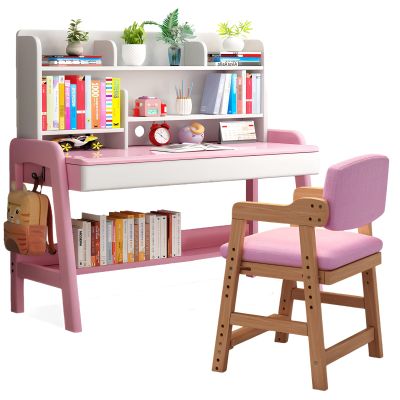 LYHOE Study Desk and Chair Set Adjustable Height, All Solid Wooden Bedroom Furniture, Pink Table Chair Set with Shelves, Drawer, School Student's Table Office Computer Workstation (Pink)