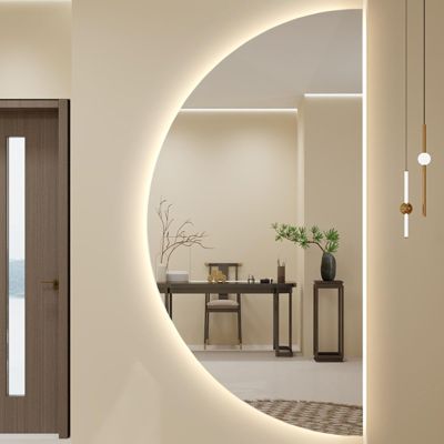 PCWLH LED Bathroom Mirror - Half Moon Semicircle Vanity Mirror with Anti-Fog, 3 Colors Dimmable, Large Wall Hanging Mirror for Modern Bathroom Decor