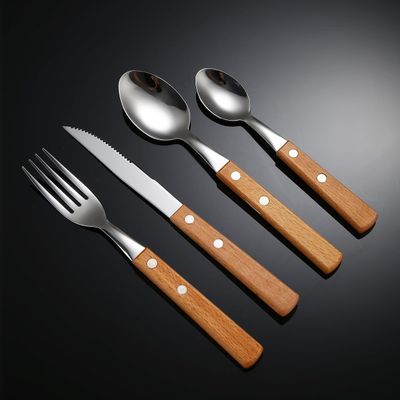 SEELLODGE Silverware Flatware Cutlery Set, 4/16/24/32/40/48 Pieces Wooden Handle 304 Stainless Steel Knife, Fork, Spoon Clamp Handle Tableware Rosewood Beech Steak Knife(Brown,32 Piece set for 8)