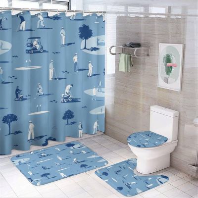 TOWINSFB 4Pcs Golf Sport Player Stadium Shower Curtain Sets Bathroom Decor, Cartoon Car Tree Playful Illustration Shower Curtain with Non Slip Rug, Toilet Lid Cover, Bath Mat and 12 Hooks 72W x 72L
