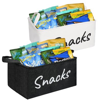 BmBpWOW 2PCS Snack Bin for Pantry - Snack Storage Basket Organizer for Storing Chips, Cookies, Pretzels , Popcorn and more - Kitchen Organization (Black&White)